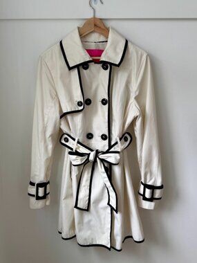 Betsey Johnson Piped Corset-Back Trench Coat - Ivory/Black XL
